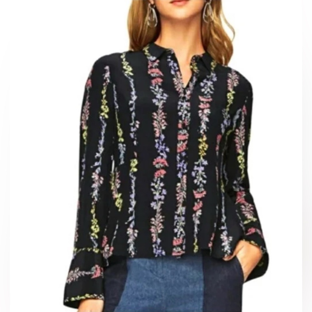 BCBGMaxAzria Black Floral Stripe Blouse with Pink, Purple & Yellow Accents